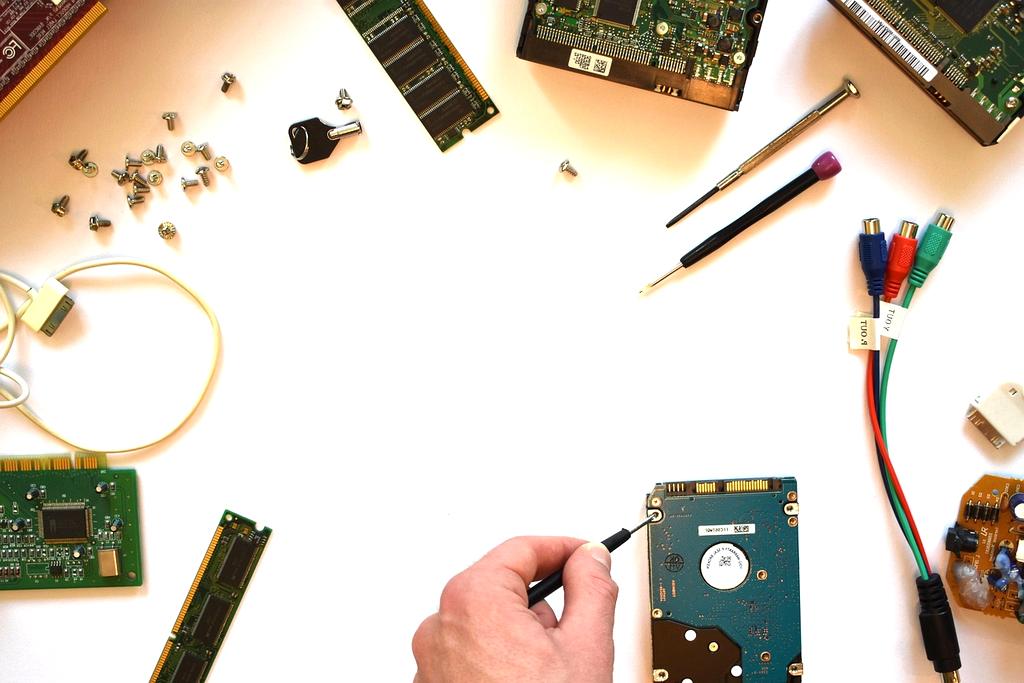 Computer hardware components and repair tools